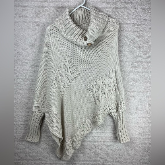 Knit Asymmetrical Poncho Sweater Turtle Neck OS Ivory Button Details - Picture 1 of 16